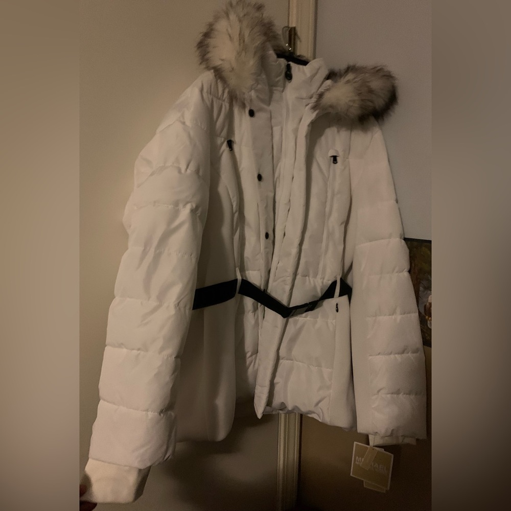 MICHAEL KORS Belted Faux-Fur-Trim Puffer Coat NWT